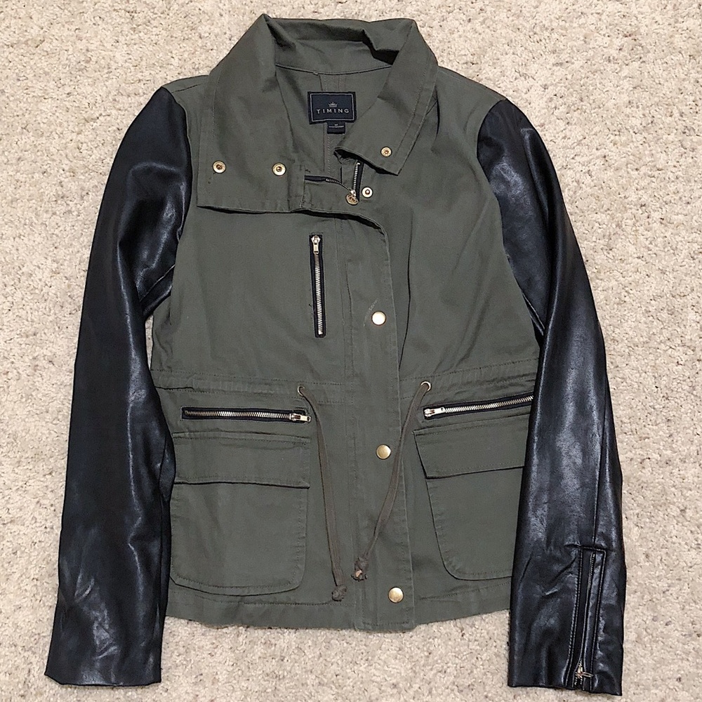Military / faux leather coat by timing. Medium